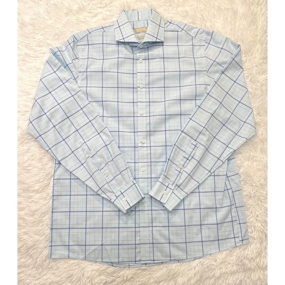 Michael Kors Mens Dress Shirt XL Regular Fit Airsoft Blue Plaid Long Sleeve